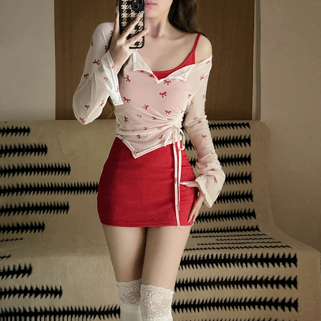 IQCQ纯欲辣妹性感显瘦吊带连衣裙外搭不规则收腰罩衫叠穿两件套女