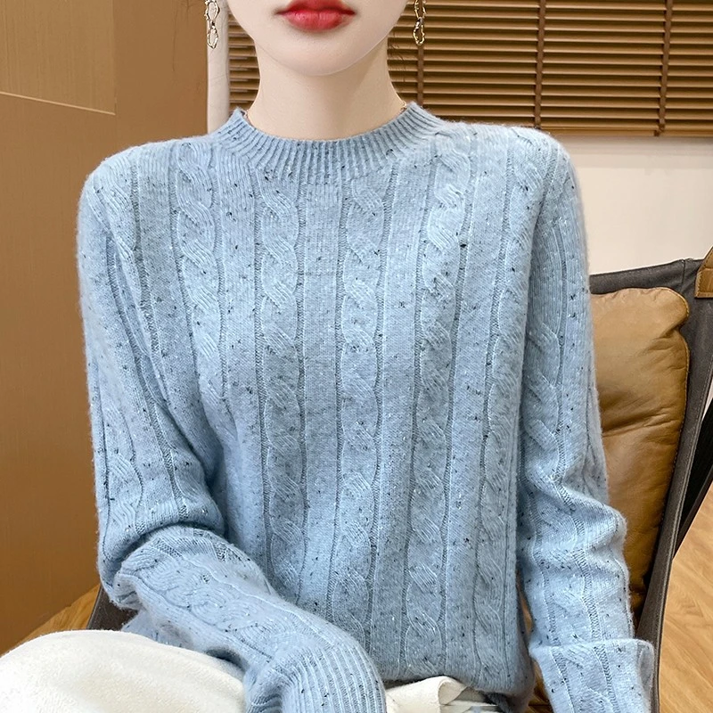 一线成衣100%纯羊毛针织加厚圆领宽松圆领女士彩点纱长袖百搭毛衣