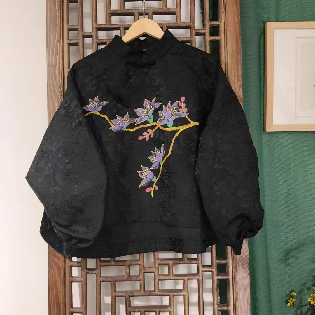 凤徕兮私人定制黑色硬提花手绘紫花捏褶袖斜襟盘扣上衣 (SY4110)