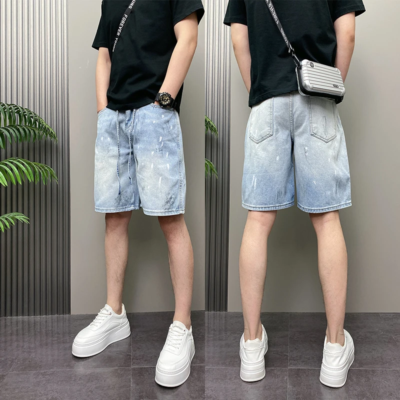 夏季复古水洗做旧脏脏牛仔短裤男士中裤涂鸦潮牌宽松百搭五分裤子