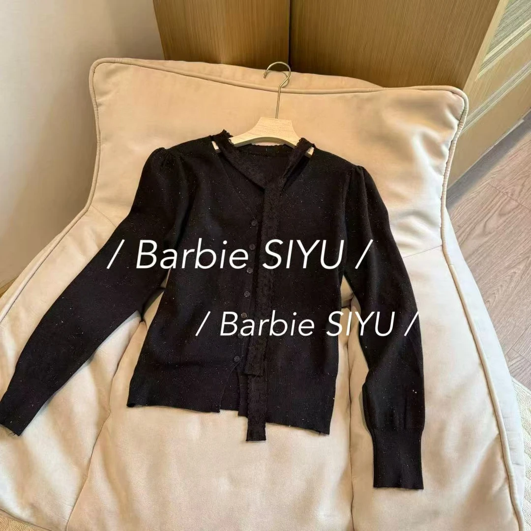【Barbie Jingni】‘’鎏金岁月‘’2832 韩系飘带设计V领单排扣针织