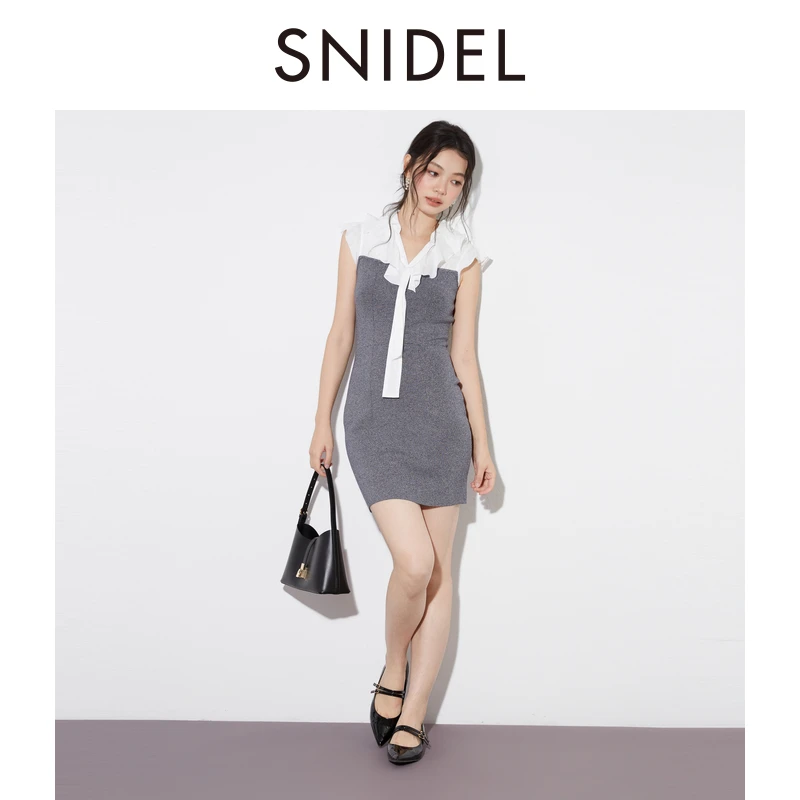 SNIDEL2025早秋新品荷叶边领结拼接修身连衣裙SWNO254253