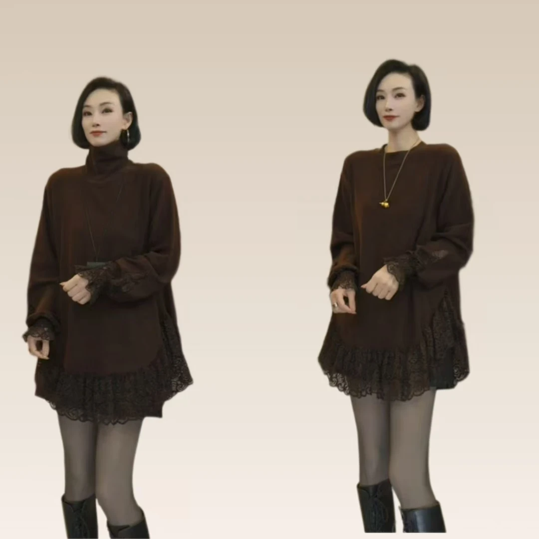 蒋姐家 时尚新款高领下摆拼蕾丝加绒打底衫