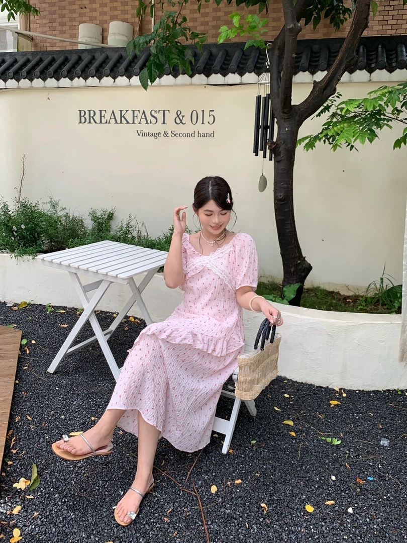 韩版小碎花连衣长裙荷叶边夏季收腰显瘦大码