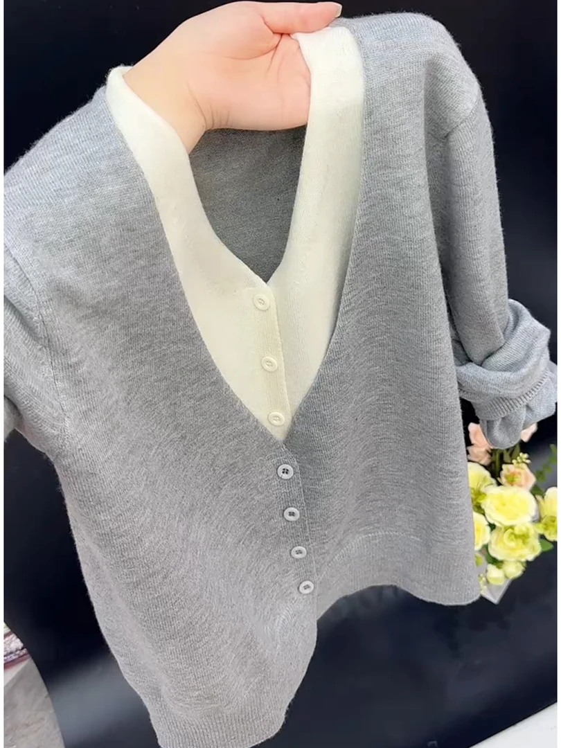 双11法式假两件V领拼色针织开衫女秋冬灰色毛衣设计感打底衫上衣