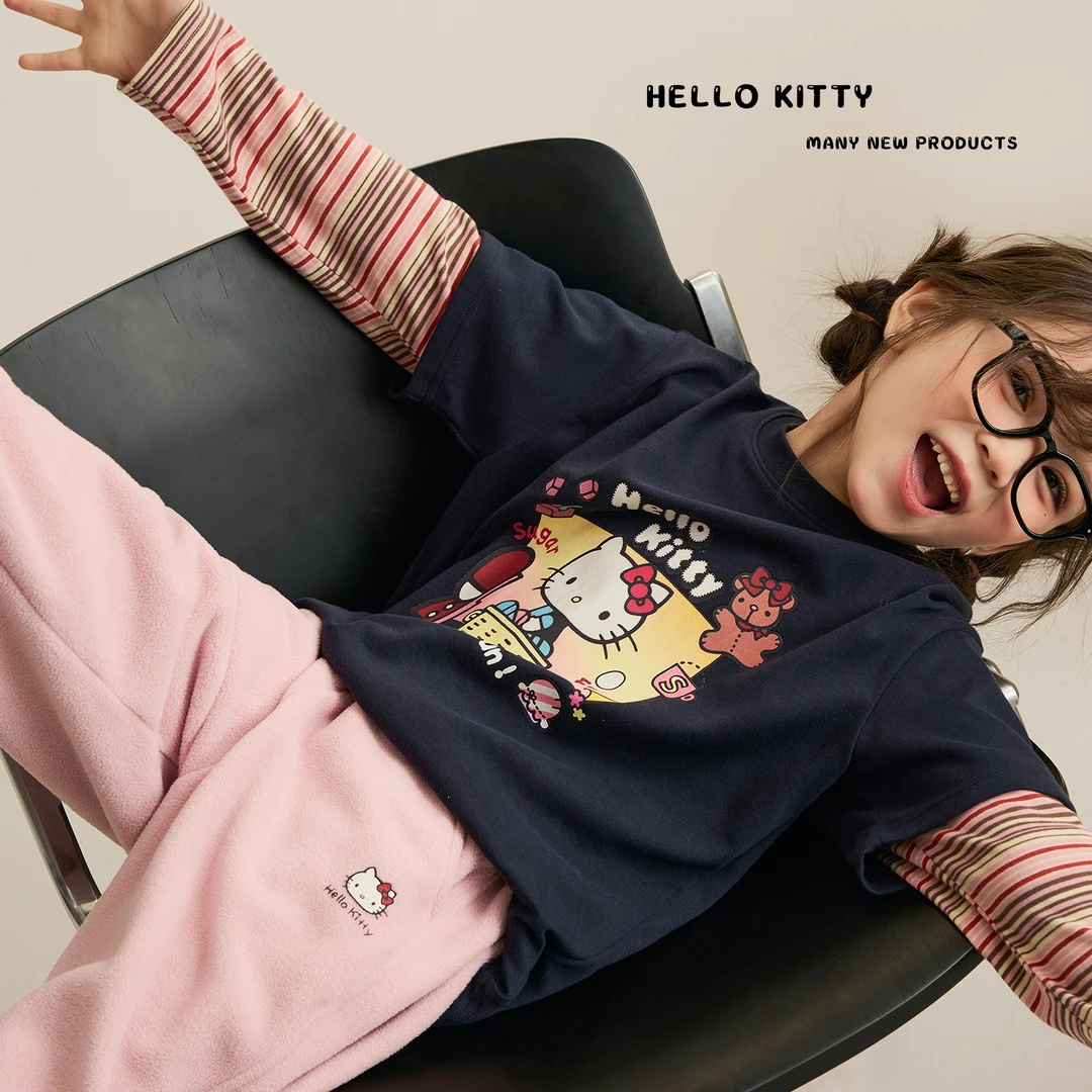 辰辰妈【元气猫】女童撞色kitty猫卡通T恤儿童假两件上衣8393XH