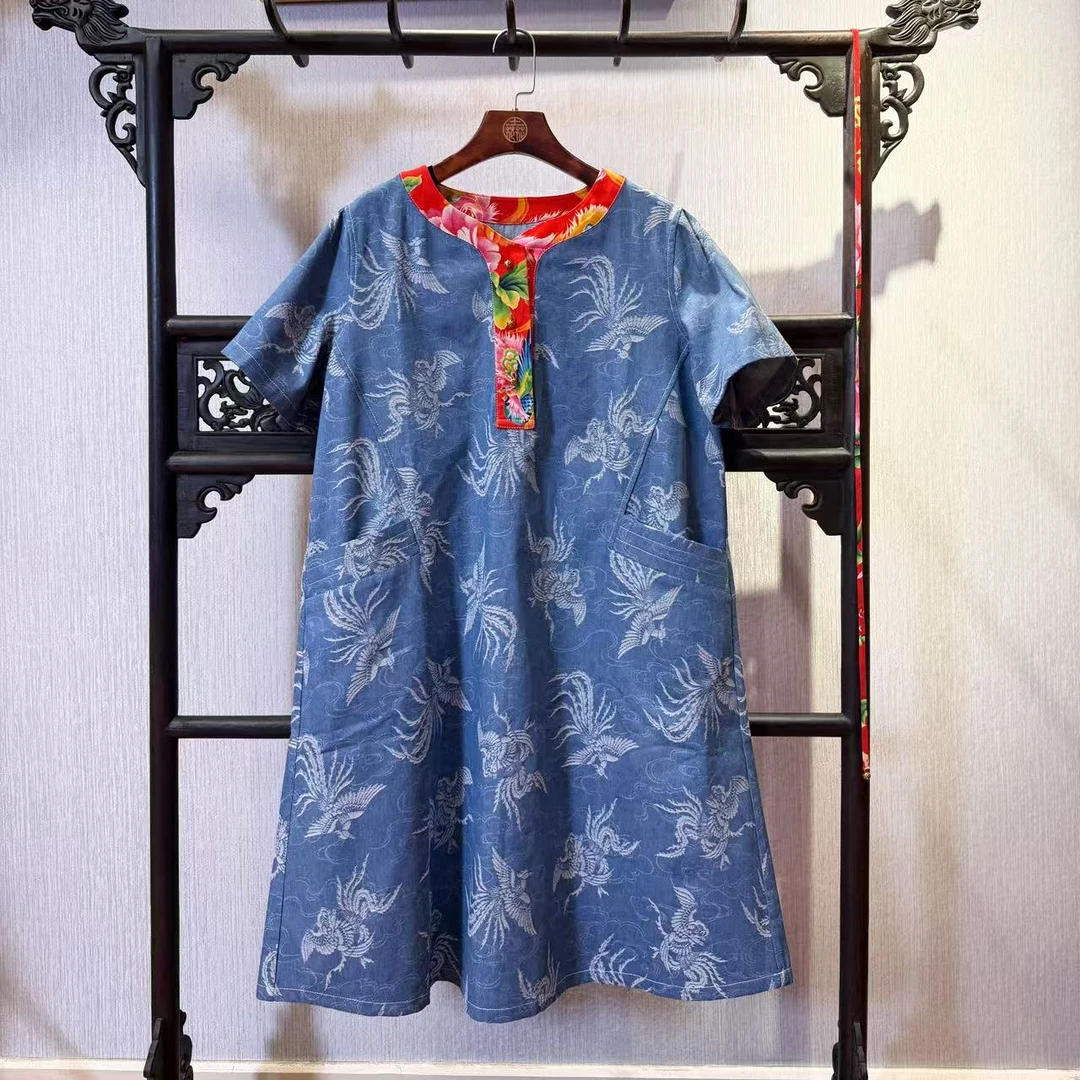 【土花花】复古牛仔凤凰圆领老料拼接宽松连衣裙