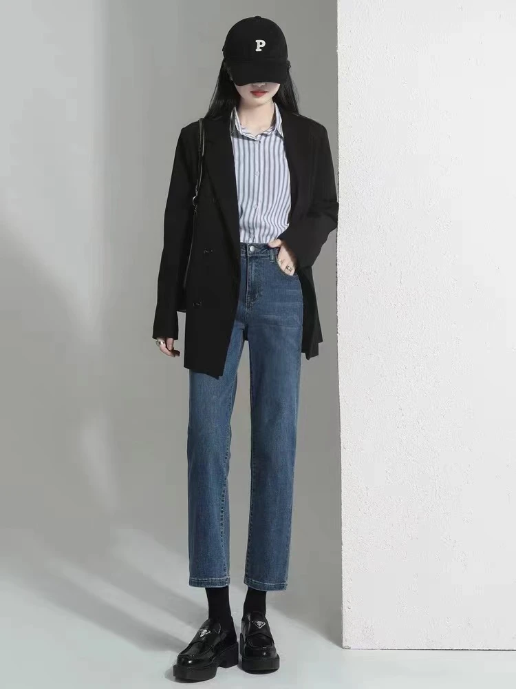 冬季加绒孤品宽松百搭复古显高显瘦直筒牛仔裤女