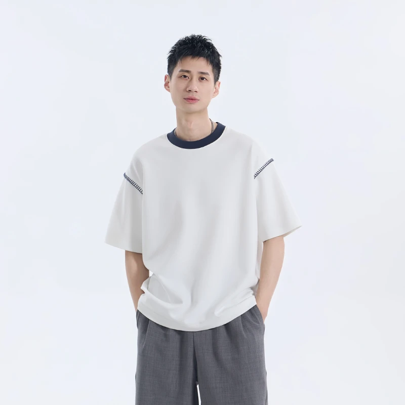 夏季新款拼接撞色短袖莫代尔时尚百搭简约高级感男装圆领T恤2167