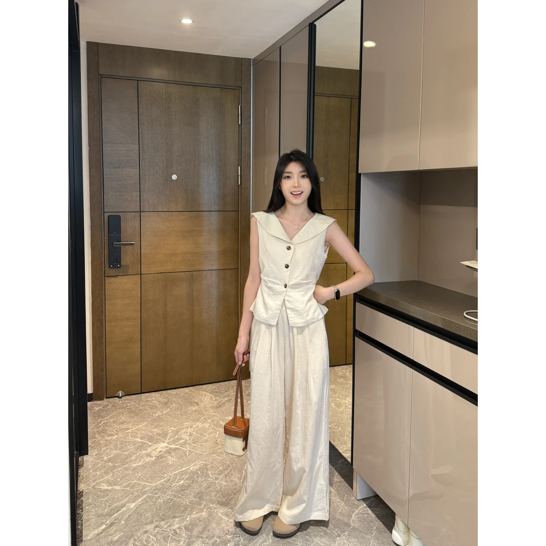 法式夏季休闲风时尚显瘦套装无袖上衣气质轻奢女装休闲阔腿裤