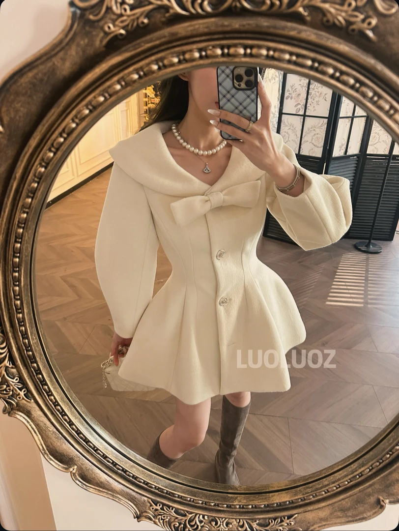 LUOLUOZ【云山茶镜】绵羊毛绝美时尚秋冬收腰短款大衣外套CC300