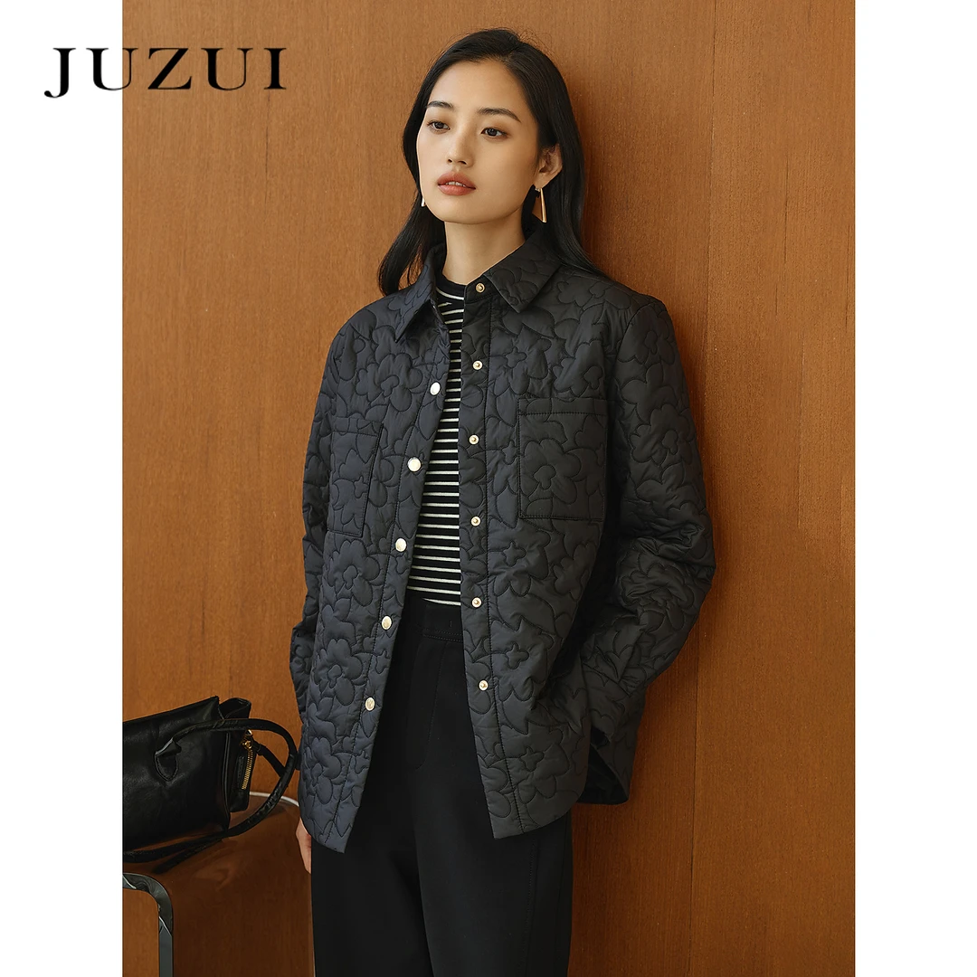JZ玖姿商场同款气质通勤芍药绗缝衬衫式棉服外套女2025春季新款