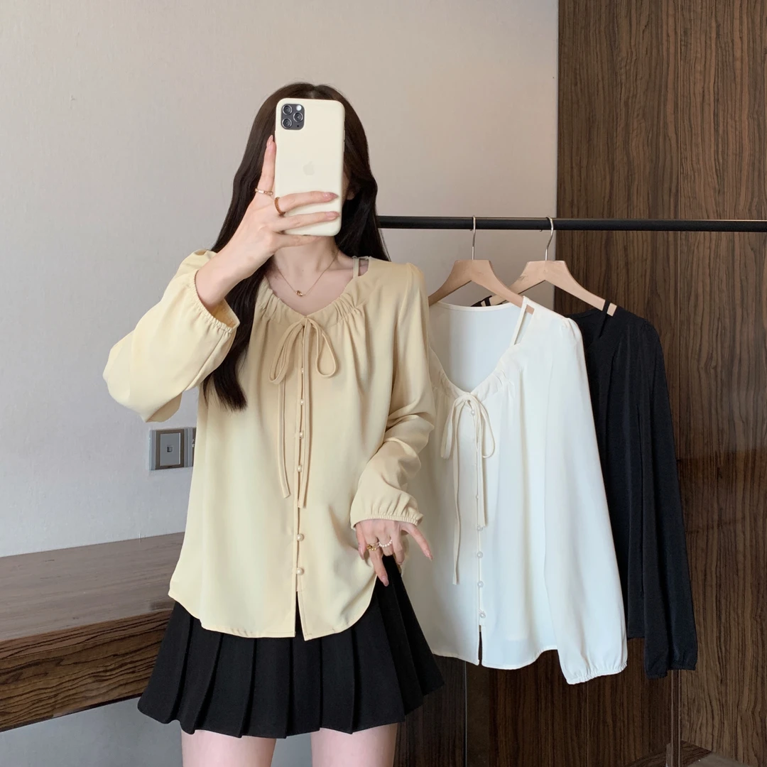 2025秋装新款胖mm大码女装简约系带衬衫设计感小众长袖上衣80205