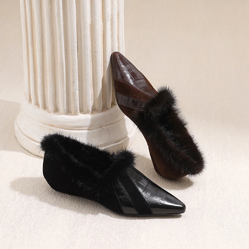 AMEINOR2025秋冬季新款平跟真皮加绒气质英伦风女士单鞋0192