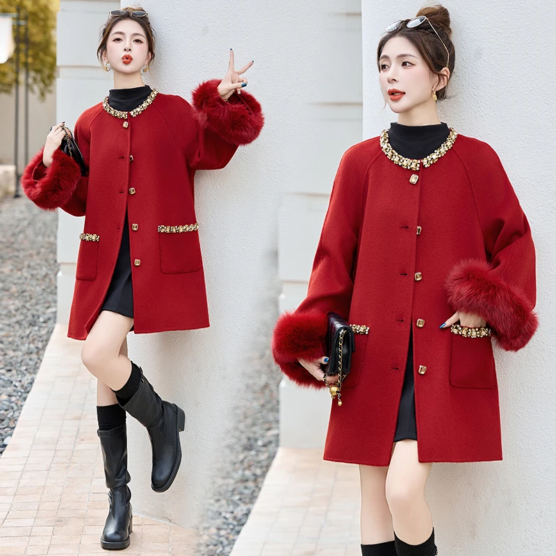贵妇冬季毛呢外套韩版洋气女装红色时尚双面宽松中长款毛呢大衣