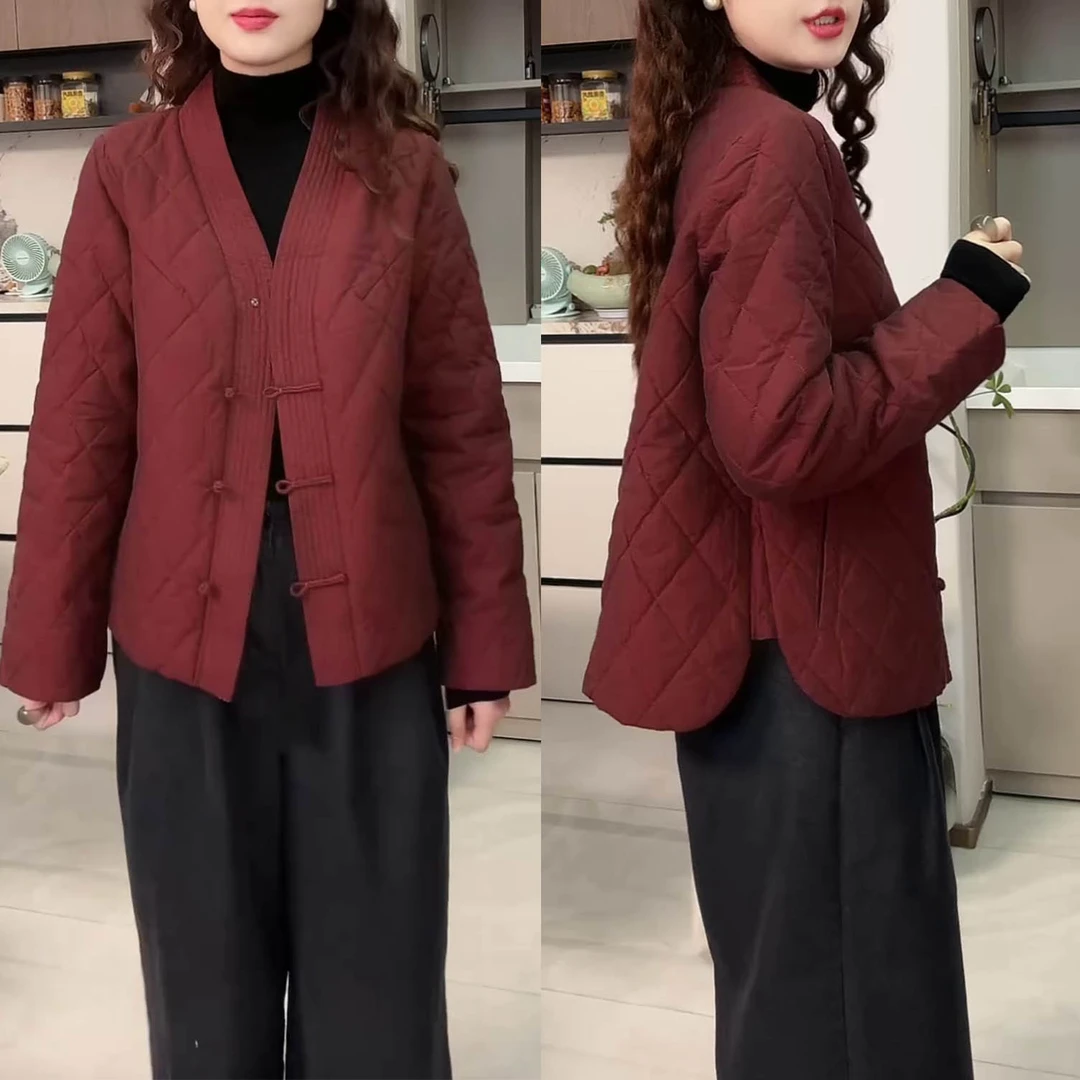 时尚复古盘扣V领菱格棉服女2025冬季新款宽松显瘦新中式棉衣外套