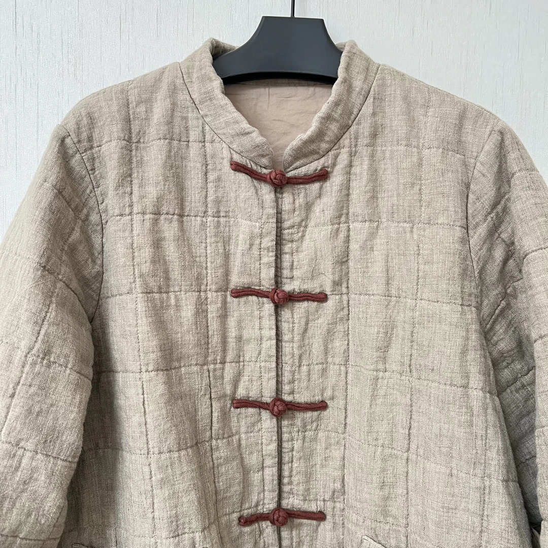 JJSY25001君家三月冬季复古中式亚麻盘扣夹棉棉服外套