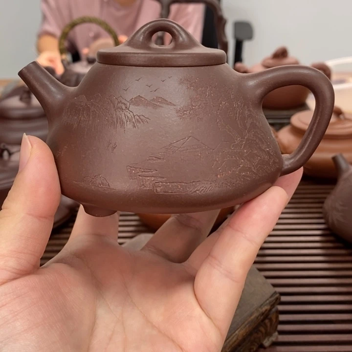 茶壶紫砂子冶石瓢山水230毫升底槽青