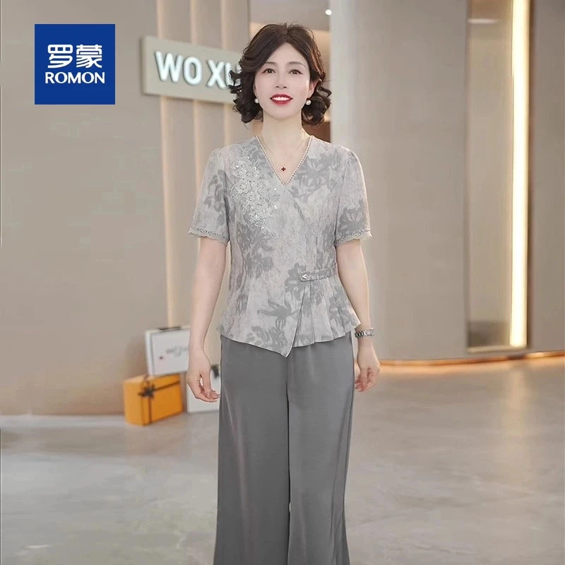 罗蒙妈妈装夏季高档套装2025新款中年时尚上衣中老年女洋气两件套