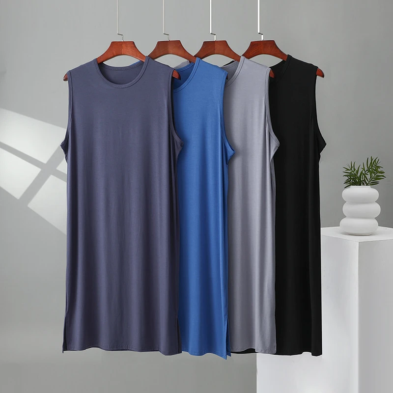 男士莫代尔睡衣无袖背心裙长款简约睡裙连衣裙宽松舒适家居服浴袍