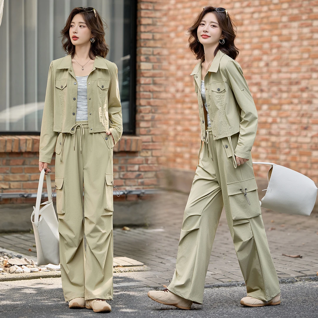 设计感气质工装套装女2025春秋新款休闲时尚条纹吊带阔腿裤三件套