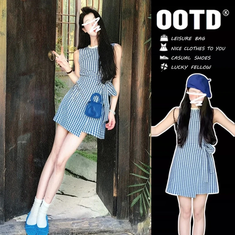 2025夏季新款法式蓝白格子系带背心连衣裙女气质休闲百搭无袖短裙