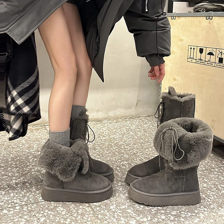 东北哈尔滨长筒灰色雪地靴女款2025新款冬季厚底冬季女士加绒平底
