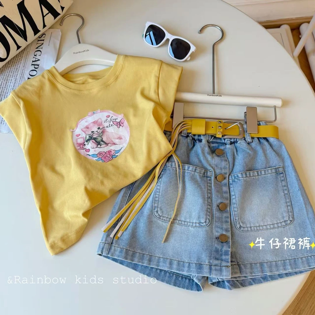 【彩虹家】2025夏款韩版猫咪玫瑰T裙裤儿童套装-88506