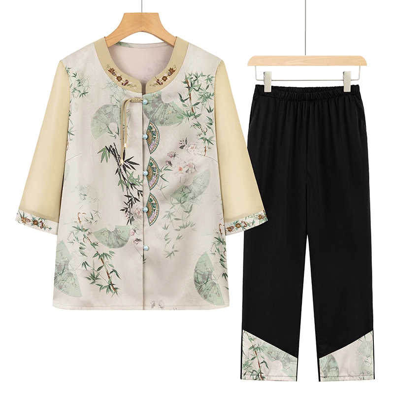 妈妈夏装新中式套装中老年女装国风衬衫老人奶奶装夏季雪纺两件套