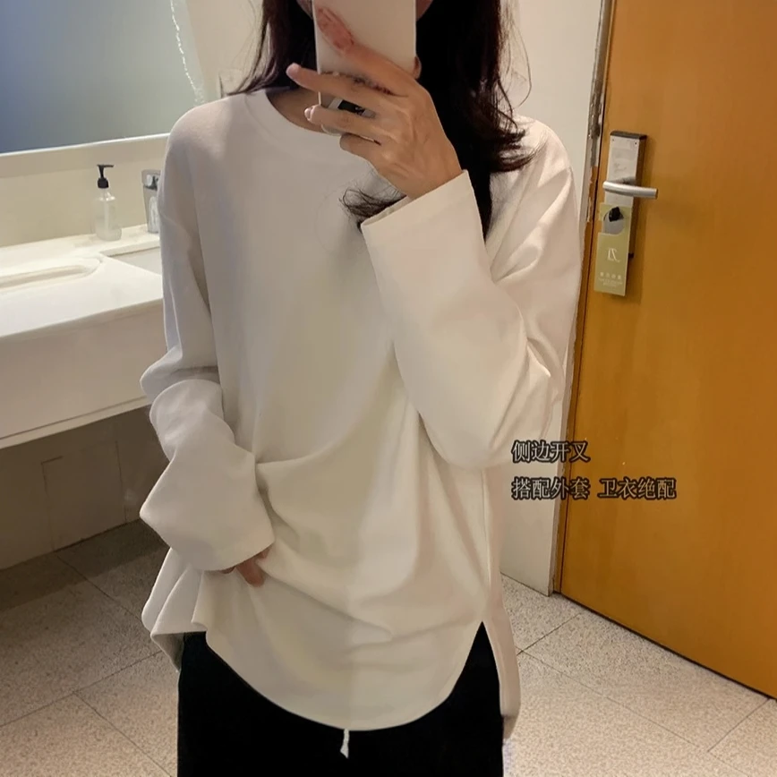 磨毛白色长袖t恤宽松春秋冬季中长款德绒打底衫女内搭遮屁股上衣