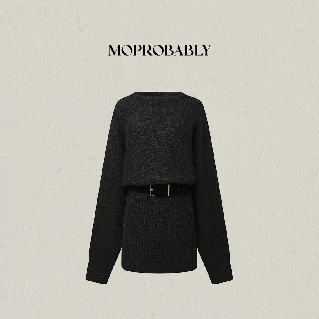 Moprobably李予诺「索菲」精细混纺收腰圆领气质连衣裙L5480003