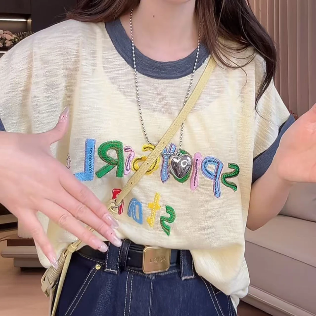 设计感刺绣撞色竹节麻针织短袖T恤女2025年夏季新款宽松时尚上衣