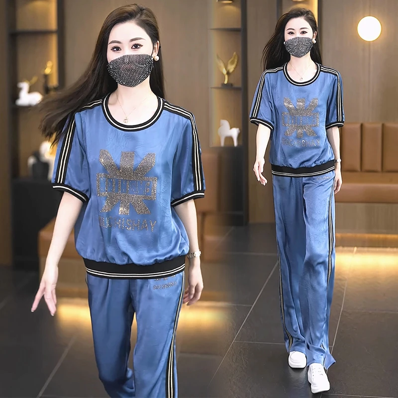 2025年夏季舒适凉感透气时尚烫金短袖卫衣休闲运动长裤两件套女