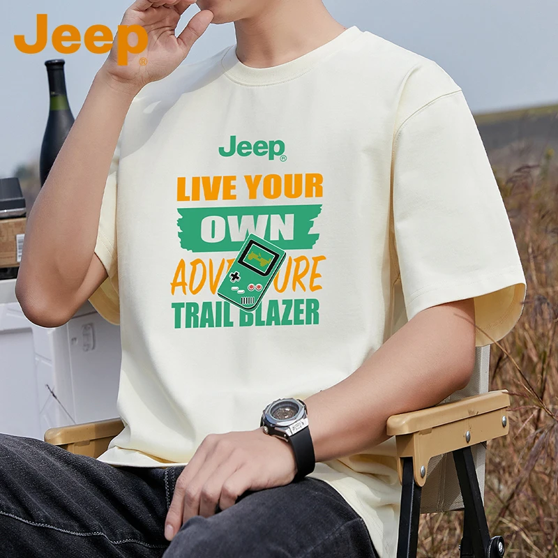 JEEP吉普纯棉短袖男士夏季新款圆领宽松t恤复古休闲日系印花上衣