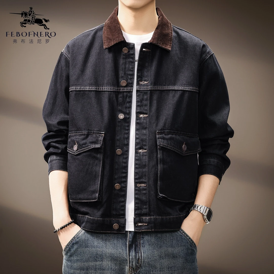 高端美式复古重磅水洗牛仔外套春秋季灯芯绒翻领工装男士纯棉夹克