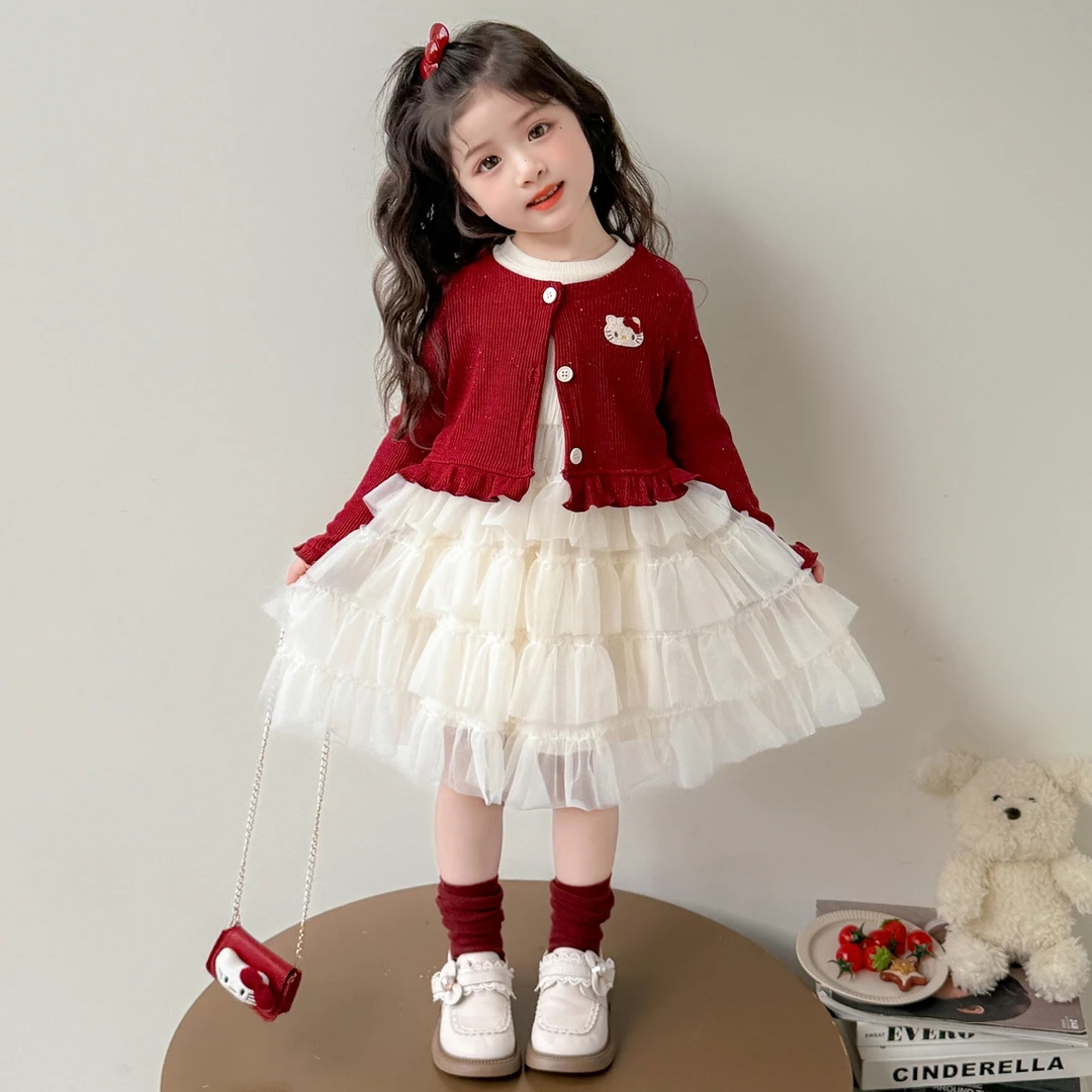 女童裙子套装春秋款2025新款洋气公主裙儿童女宝宝针织开衫两件套