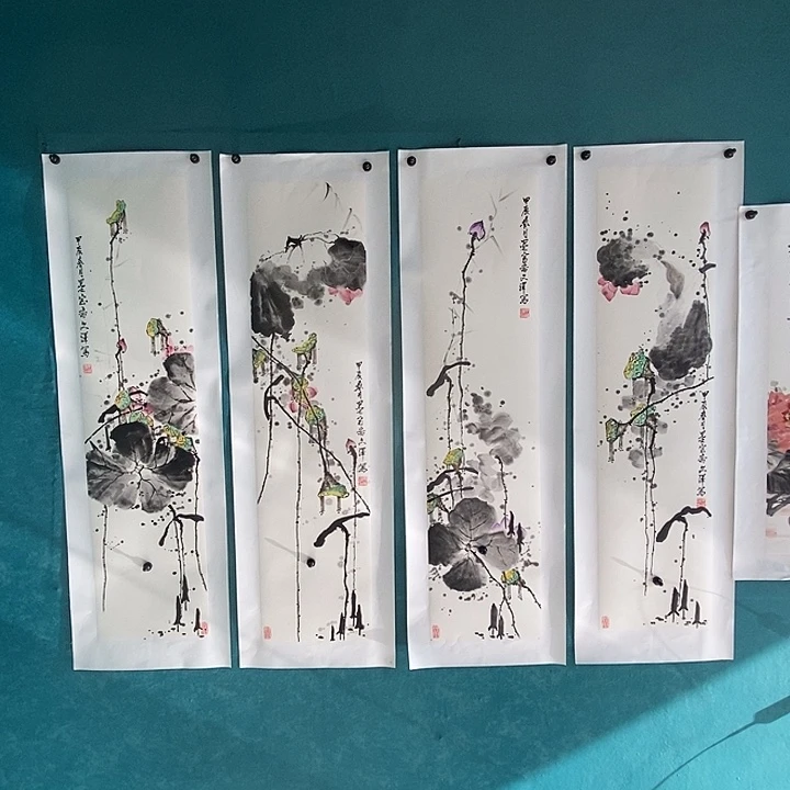国画三尺对开手绘四条屏
