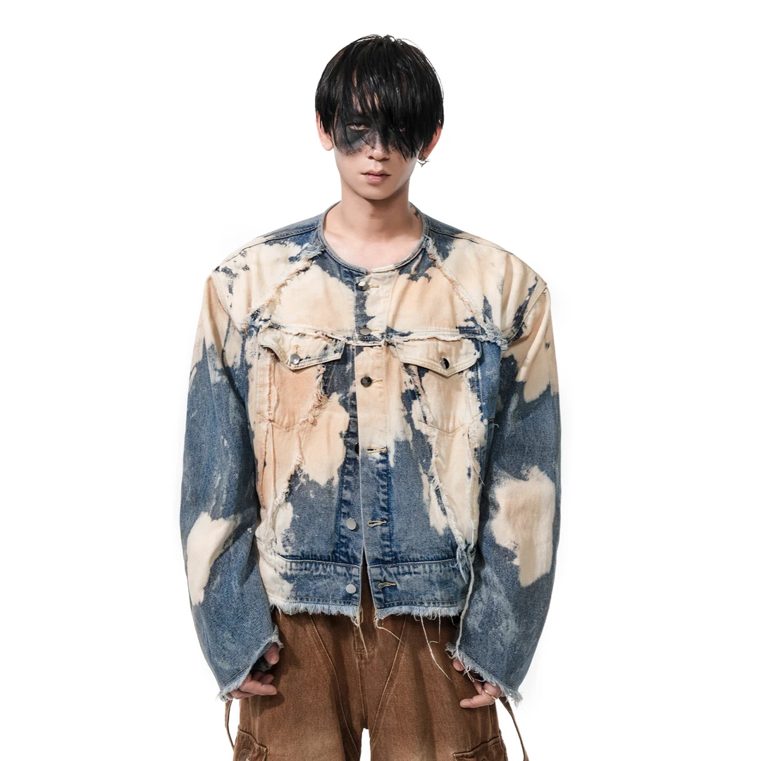 废土风弯刀袖短款牛仔外套男春季漂染做旧圆领毛边夹克上衣