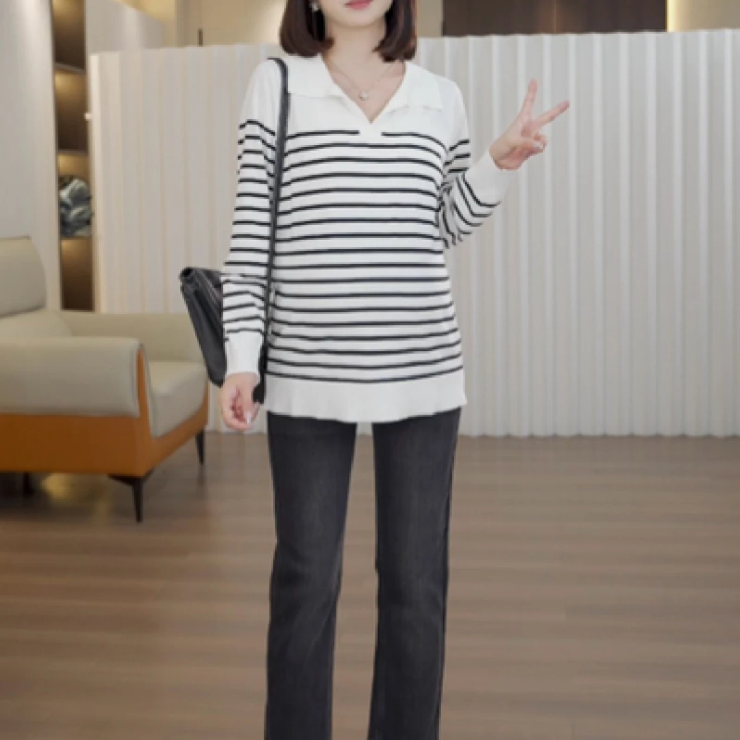 孕妇polo领条纹长袖针织衫女秋季百搭潮妈