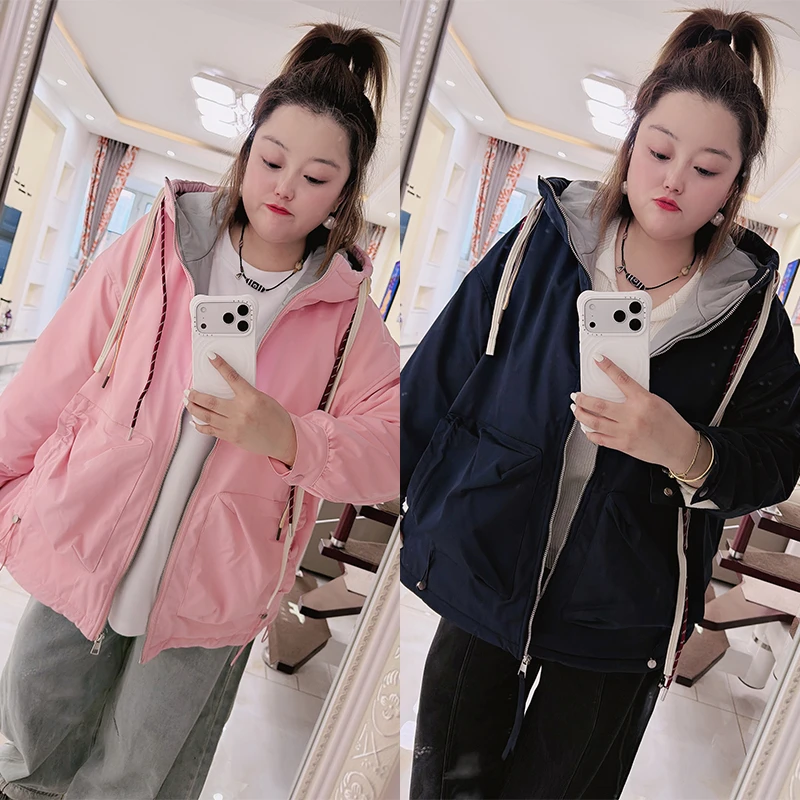 大码女装加绒连帽外套130斤到260斤胖mm宽松显瘦时尚百搭冬季上衣