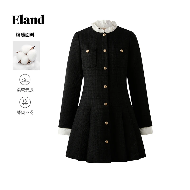 Eland衣恋连衣裙女法式小香风荷叶边立领短裙EEOWF49M02
