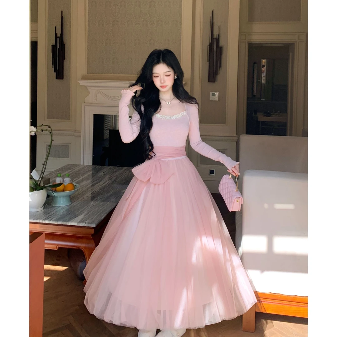 【糖糖】大码女装少女感温柔拼接网纱仙女风显瘦长袖连衣裙13801