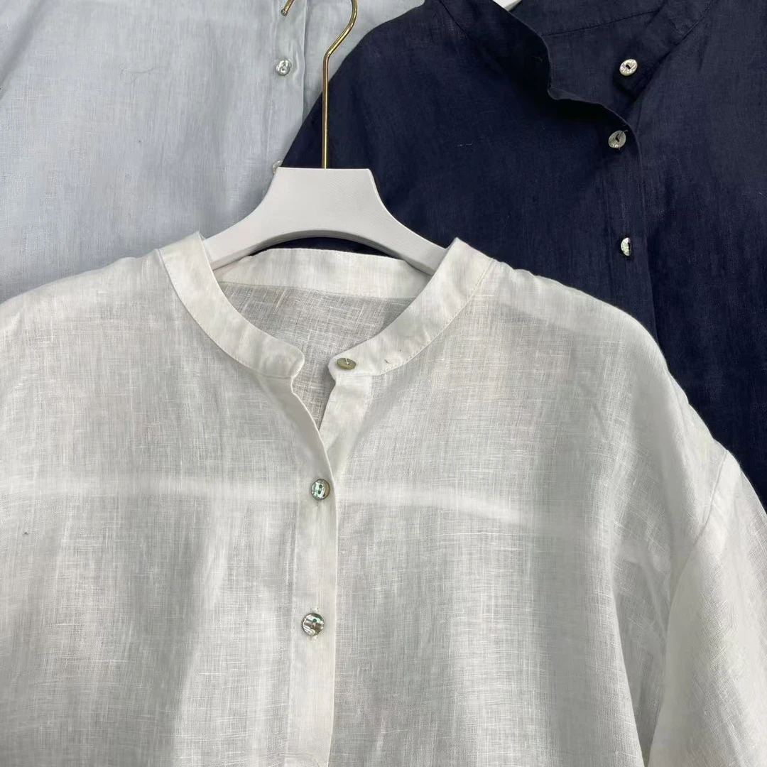 2507 汉麻立领贝壳扣中袖宽松显瘦白衬衫春夏女