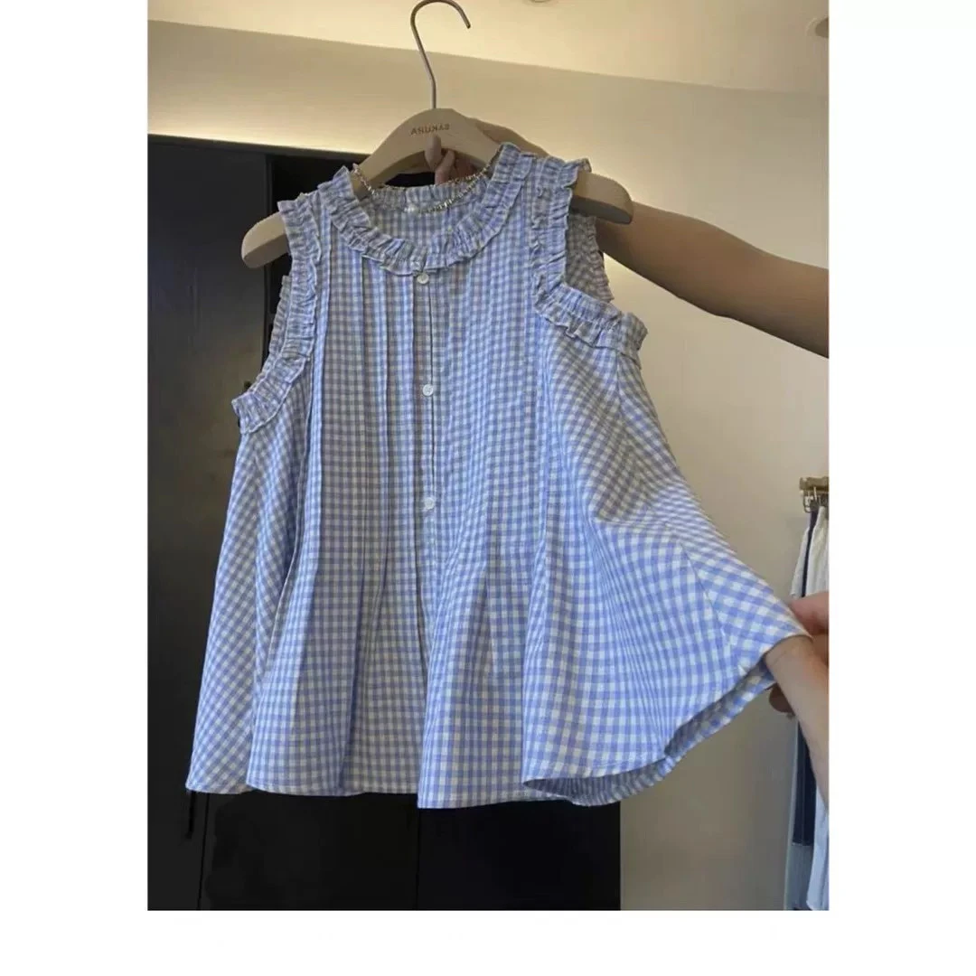 夏季韩版木耳边格子无袖衬衫女宽松显瘦减龄时尚百搭上衣