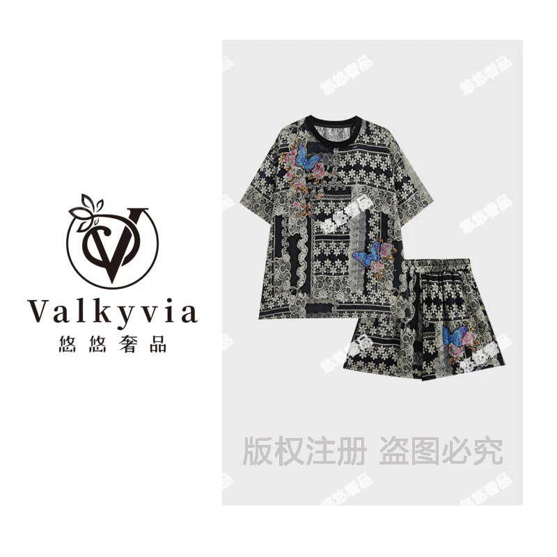 【Valkyvia/悠悠奢品】重工烫钻蝴蝶字母休闲百搭短裤套装TZ2329