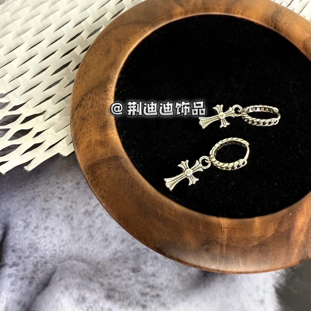925银耳饰 S925麻花小圈可罗十字架耳饰RS-1141