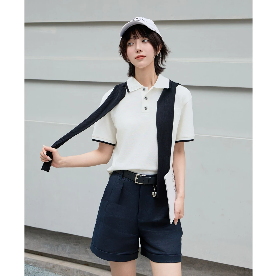 GIRDEAR/哥弟夏季新款休闲通勤翻领短款撞色舒适POLO短袖130038