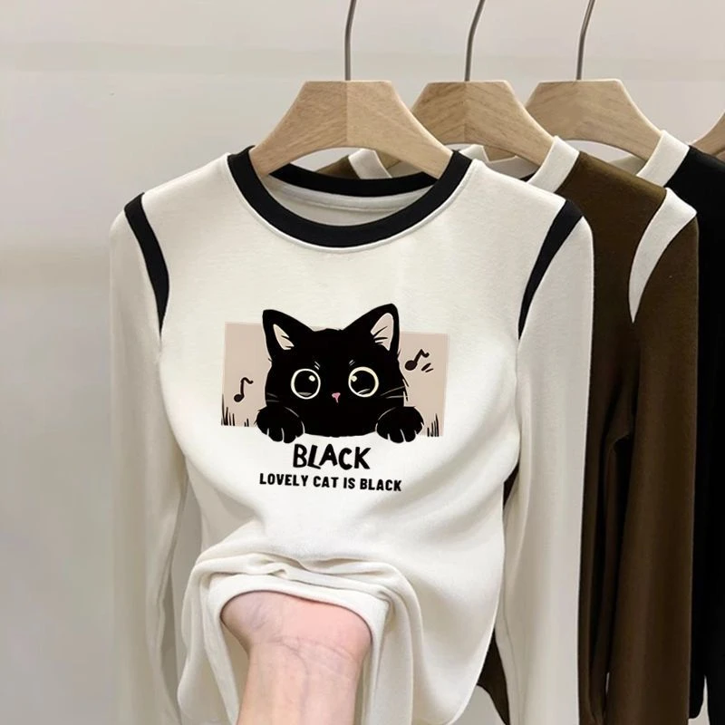 童泰【断码】中大童圆领卡通印花长袖T恤女童秋冬新款保暖撞色打