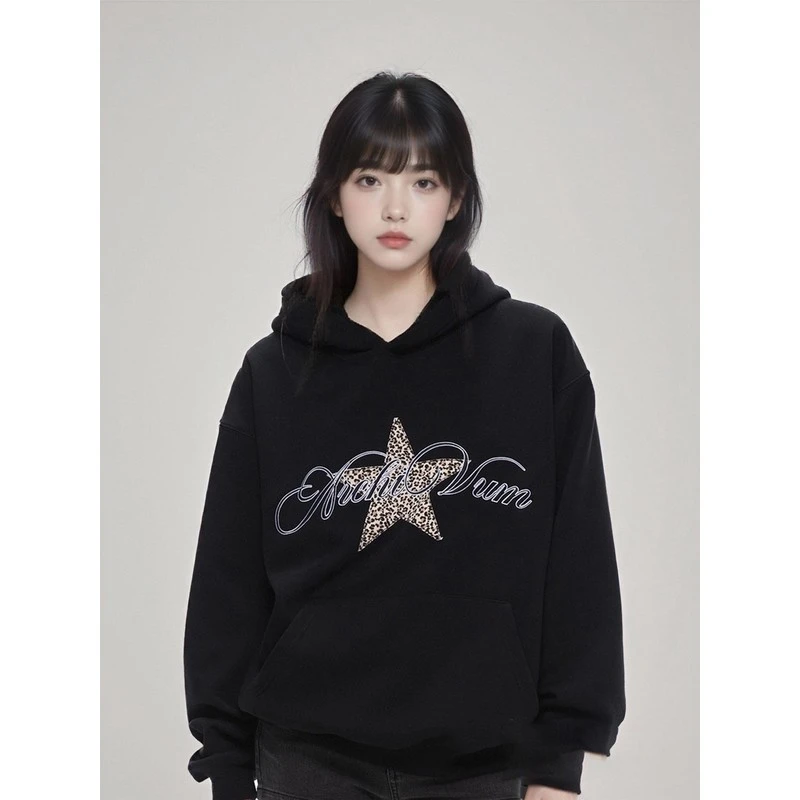 Archivum 秋季新款美式复古豹纹星星印花图案套头连帽宽松卫衣女