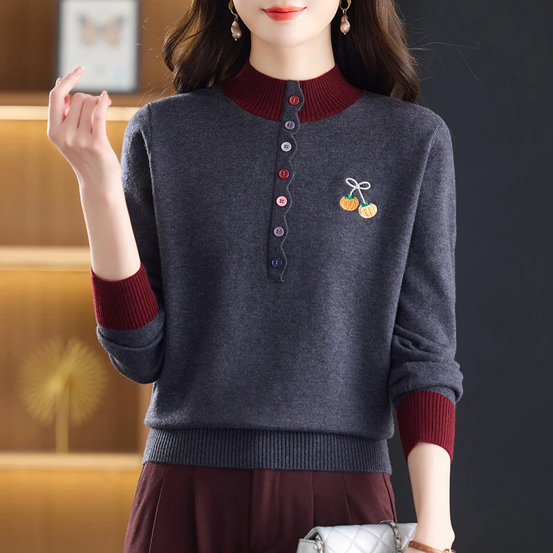 气质拼色半高领百搭保暖羊毛针织衫女秋冬新款设计感时髦彩扣毛衣